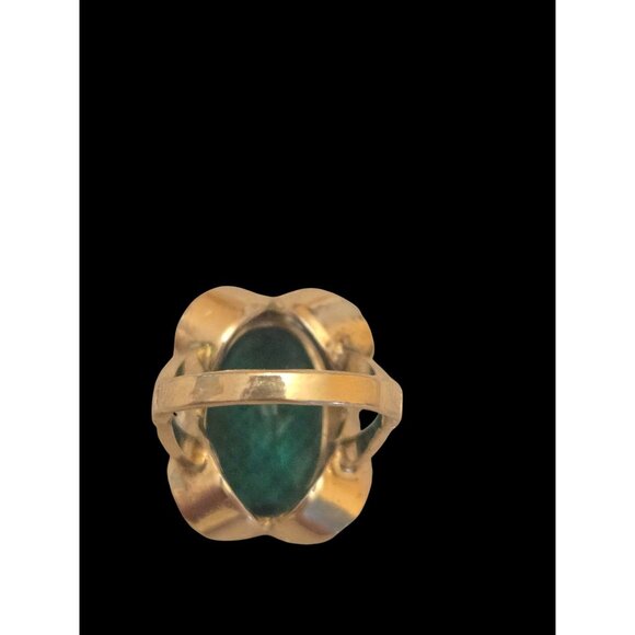 Vintage 18K Gold Electroplated Ring  Large Emerald Cut Green Glass Statement - Picture 7 of 11